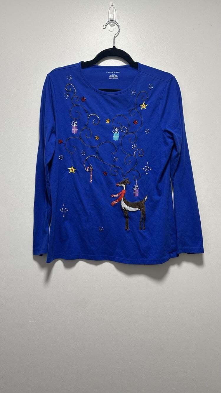 Laura Scott Royal Blue Embroidered Christmas Holiday Reindeer Long Sleeve Top